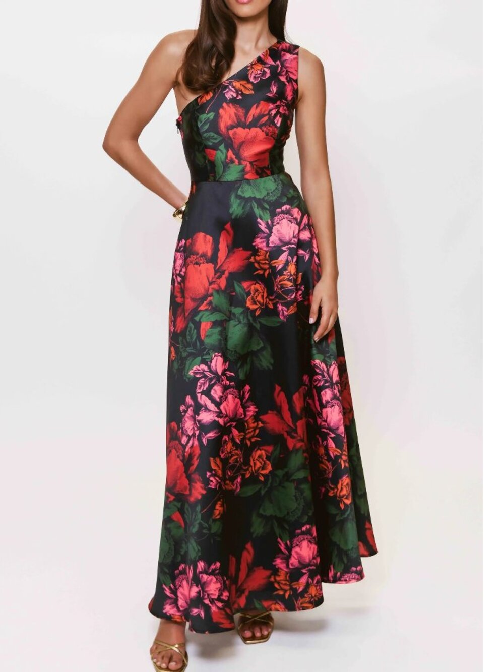 NWT $349 HUTCH CASSANDRA ONE SHOULDER DRESS IN BLK MULTI INVERT SKTCH FLORAL 18W